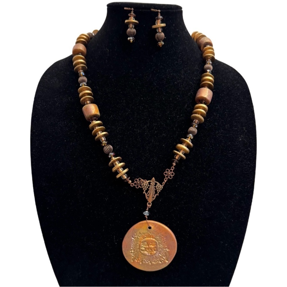 Clay Pottery Necklace Earrings SET Vintage Sun Embossed Gold Beaded Jewelry